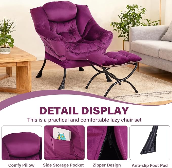 Lazy Chair with Ottoman, Modern Accent Chair Lounge Leisure Sofa Chair with Armrests, Reading Chair and Folding Footstool for Living Room, Bedroom, Office, Plush Pink