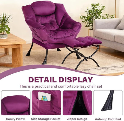 Lazy Chair with Ottoman, Modern Accent Chair Lounge Leisure Sofa Chair with Armrests, Reading Chair and Folding Footstool for Living Room, Bedroom, Office, Plush Pink