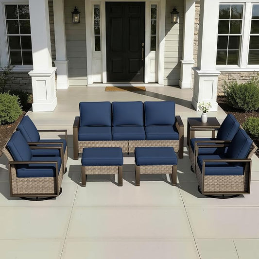 Outdoor Patio Swivel Rocker Chairs, 8 Pieces Wicker Furniture Set, 4 Swivel Rocking Chairs, 1 Sofa, 2 Ottoman and 1 Table, Wide Armrest, Thick Cushions and Deep Seating for Garden, Backyard, Porch