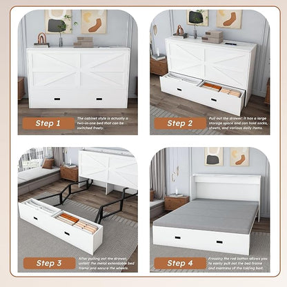 Bellemave Full Murphy Bed with Mattresses and Charging Stations and Storage Drawer, Farmhouse Murphy Cabinet Bed with Foldable Panel, Noisy Free, for Guest Bedroom, Living Room, White