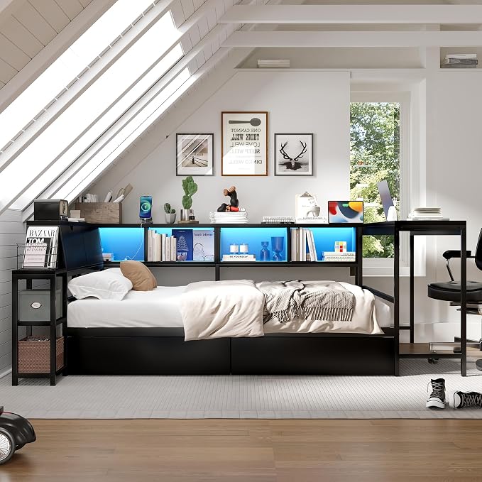 Bellemave Twin Corner Bed Frame with Desk and Storage, Twin Size cornner Bed with Charging Station and LED Light, Wood Daybeds with L-Shaped Bookcase, Black