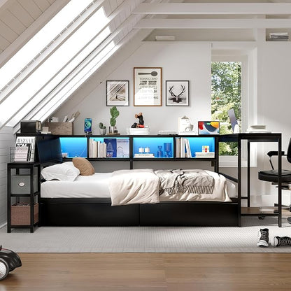 Bellemave Twin Corner Bed Frame with Desk and Storage, Twin Size cornner Bed with Charging Station and LED Light, Wood Daybeds with L-Shaped Bookcase, Black