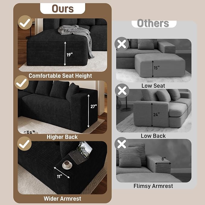 Oversized L Shaped Boneless Sectional Couches for Living Room, 107" Comfy Fluffy Cloud Modular Sectional Sofa, Plush Corduroy Memory Foam Floor Sofa with Left Facing Chaise Couch