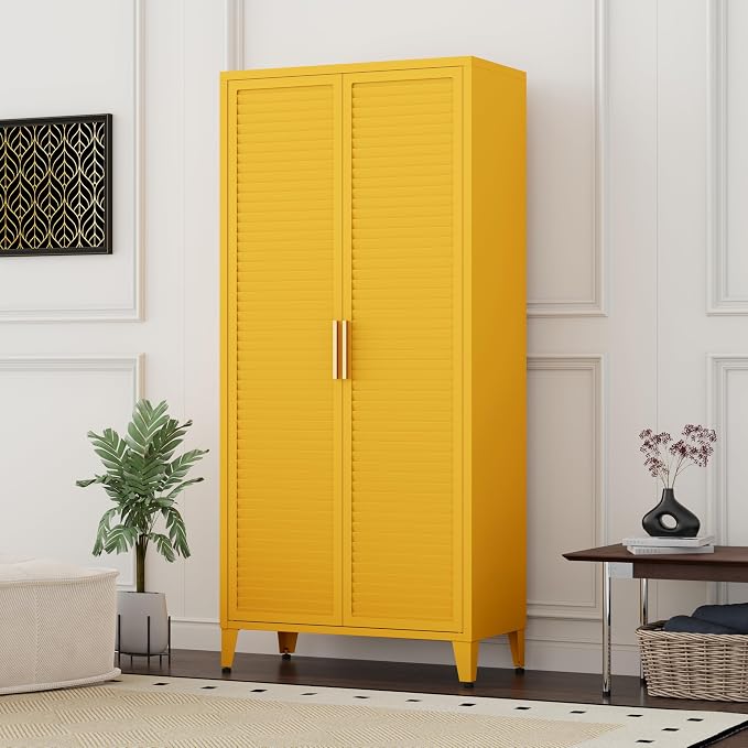 61 "H Yellow Metal Cutlery Cabinet with Door Freestanding Kitchen Cabinet with 3 Adjustable Shelf Side Panels, Suitable for Kitchen, Living Room, Dining Room Metal Cabinet,Requires Assembly