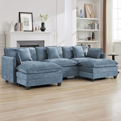 111'' Sectional Cloud Deep Seat Couch, Oversized Chenille U Shaped Sectional Sofa for Living Room Set, Comfy Upholstered Modular 5-Seats Sectional Sofa Couch with 2 Movable Ottoman, Blue