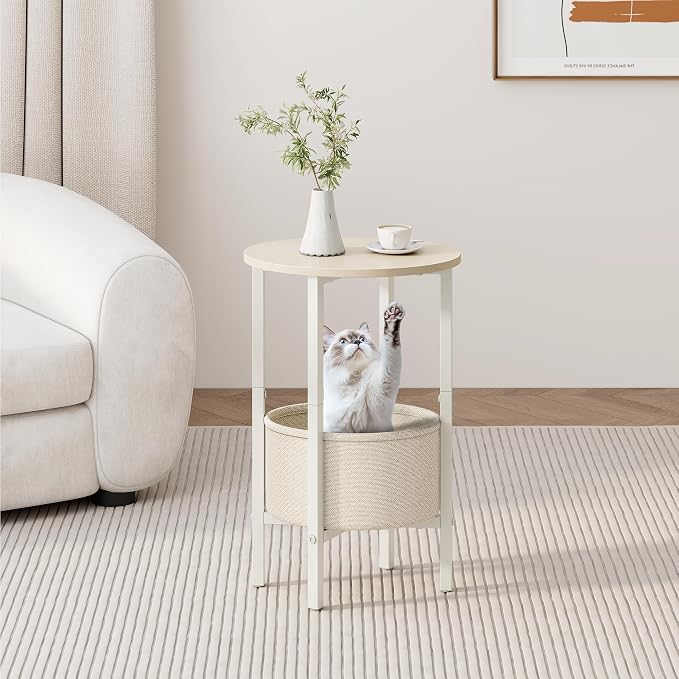 Vagusicc Round Side Table End Table with Storage Basket, Small Side Table Round Nightstand for Small Spaces, Tall Oval End Table with Steel Frame, Coffee Bedside Table for Living Room, Begie