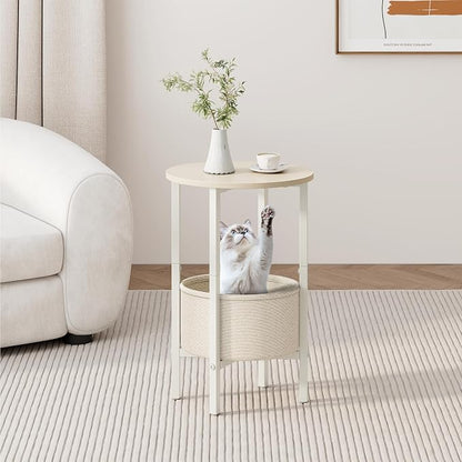 Vagusicc Round Side Table End Table with Storage Basket, Small Side Table Round Nightstand for Small Spaces, Tall Oval End Table with Steel Frame, Coffee Bedside Table for Living Room, Begie