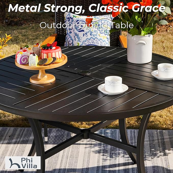PHI VILLA 5 Piece Outdoor Dining Table Set for 4, 42” Round Steel Dining Table with Umbrella Hole & 4 Black Stacking Metal Chairs for Patio, Deck, Yard, Porch