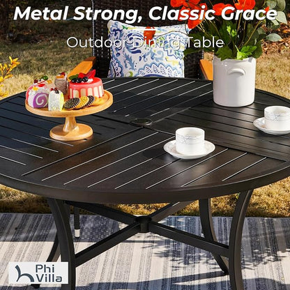 PHI VILLA 5 Piece Outdoor Dining Table Set for 4, 42” Round Steel Dining Table with Umbrella Hole & 4 Black Stacking Metal Chairs for Patio, Deck, Yard, Porch
