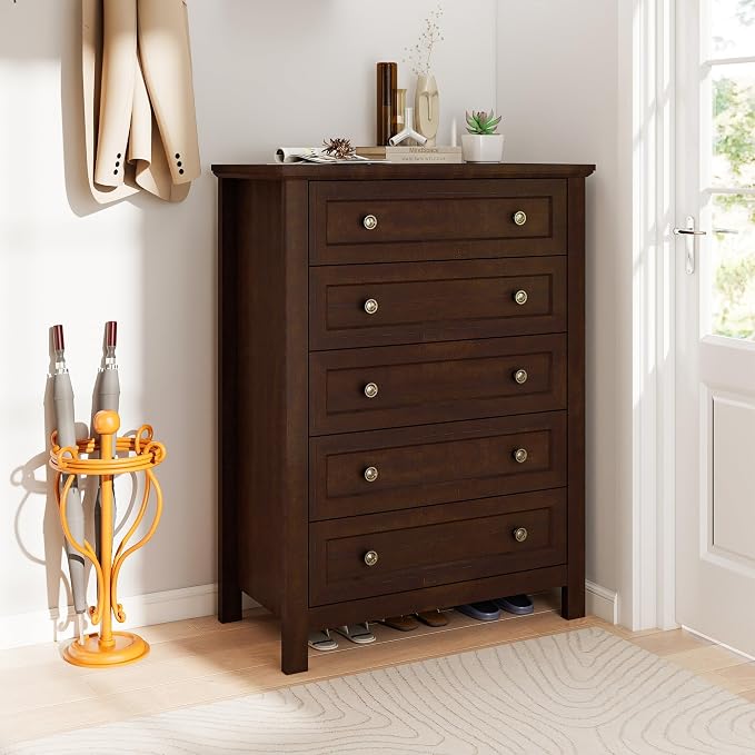 Farmhouse Dresser Nightstand Sets, 2-Piece Bedroom Furniture Set for Home | 5 Drawer Dresser Closet & 3 Drawer Nightstand, Chest of Drawers for Bedroom, Living Room, Entryway, Dark Brown