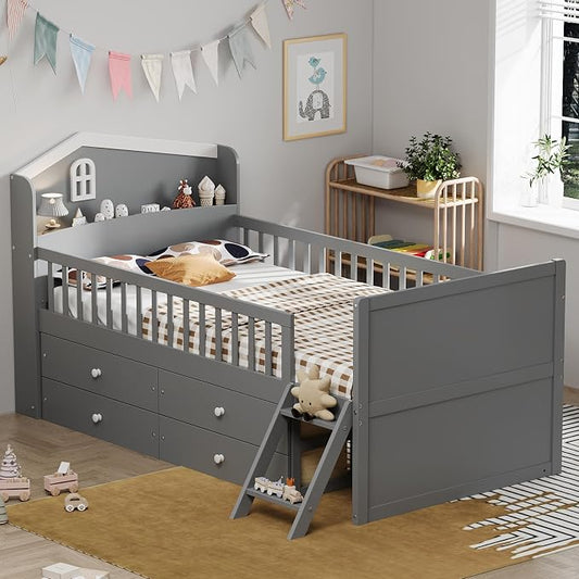 Bellemave Kids Twin Platform Bed with 4 Drawers & Storage Headboard, Wooden Twin Bed Frame with Safety Guardrails & Ladder for Kids Girls Boys, Gray