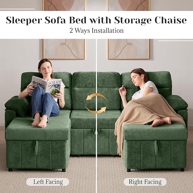 Tbfit 80'' Sleeper Sofa Bed, 3 in 1 Cloud Pull Out Sofa Couch with USB & Storage Chaise, Chenille Convertible Sofa Bed with Pull Out Bed, Couches for Living Room, Apartment, Office, Green