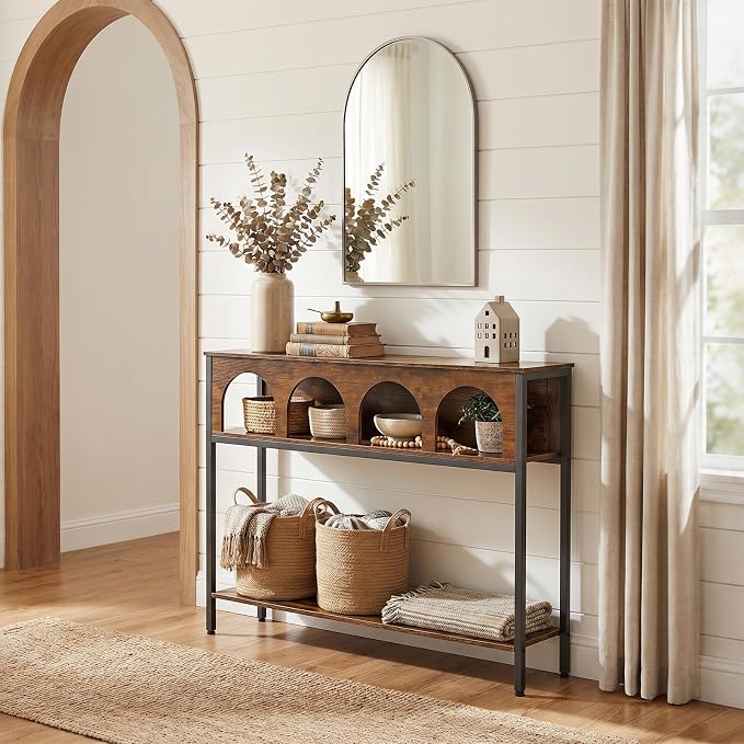 HOOBRO Narrow Console Table, Entryway Table with 3-Tier Storage, Sofa Table, Behind Couch Table with Arched Design for Living Room, Entrance, Hallway, Rustic Brown and Black BF106XG01