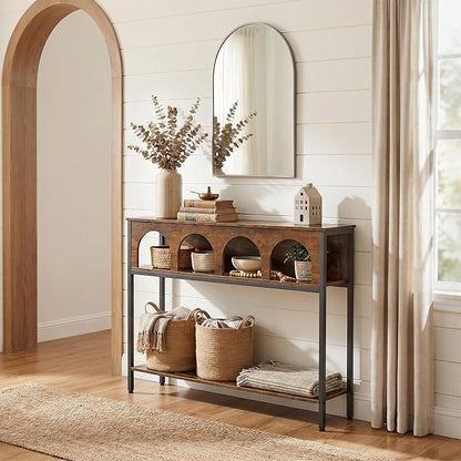 HOOBRO Narrow Console Table, Entryway Table with 3-Tier Storage, Sofa Table, Behind Couch Table with Arched Design for Living Room, Entrance, Hallway, Rustic Brown and Black BF106XG01