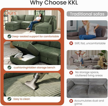 KKL Modular Sectional Couches V-Shaped 6 Seater Sofas with Storage Ottoman for Living Room, Convertible L/J-Shaped Modular Sectional Sofa Bed Plush Wide-Wale Corduroy Couch, Apartment, Green