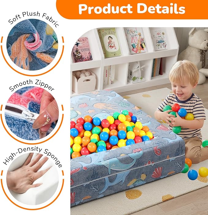 MeMoreCool Mermaid Glow-in-the-Dark Kids Play Couch, Denim Mermaid Modular Toddler Couch for Girls, Convertible Foam Sofa Bed for Playroom Bedroom, 220 lbs Capacity