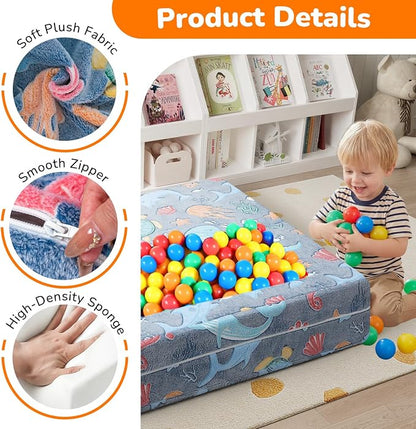 MeMoreCool Mermaid Glow-in-the-Dark Kids Play Couch, Denim Mermaid Modular Toddler Couch for Girls, Convertible Foam Sofa Bed for Playroom Bedroom, 220 lbs Capacity