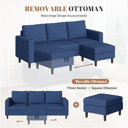 Luxanimarion Upholstered Sectional Sofa and Couches, 78'' L Shaped 3-seat Sofa forLiving Room, Apartment, Lounge,Bedroom-Washable Covers Convertible Sofas(Linen Fabric,Blue)