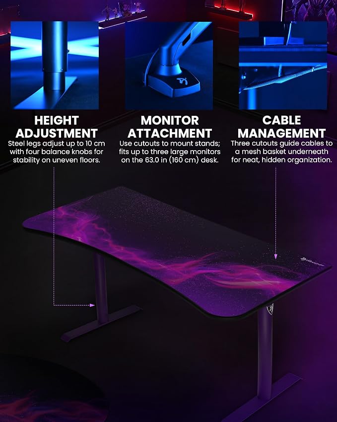 Arozzi Arena Special Edition Ultrawide Curved Gaming and Office Desk with Full Surface Water Resistant Desk Mat Custom Monitor Mount Cable Management Cut Outs - Purple Galaxy