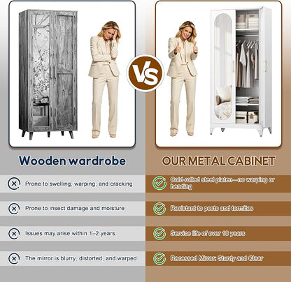 UNICOLY Metal Wardrobe Cabinet with Mirror Doors，71" Tall Armoire Wardrobe Closet with Hanging Rod and Adjustable Shelves，White Clothing Storage Cabinets for Bedroom, Living Room,Office