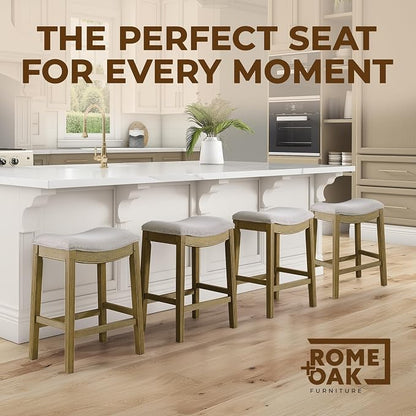 ROME + OAK Set of 4 Parker 26 Inch Counter Stool, Backless Saddle Kitchen Barstool in Natural Finish with Cream Fabric Upholstery Cushion Seat