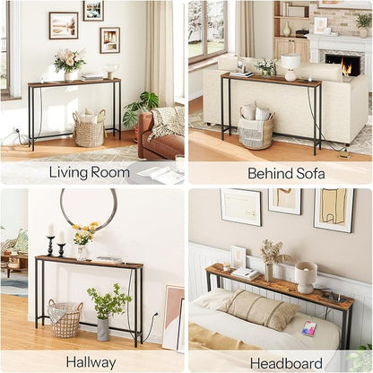 HOOBRO 47.2" Narrow Console Table with Power Outlet, 5.9" Behind Couch Table with Charging Station, Long Sofa Side Table, Skinny Entryway Table for Living Room, Hallway, Foyer, Rustic Brown BF15XG01G1