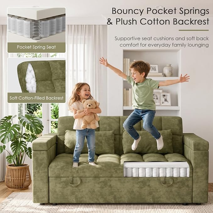65'' Sleeper Sofa Bed, Pull Out Couch with Side Table | USB Charging Port | Adjustable Backrest | Chenille Fabric, Convertible Loveseat for Living Room, Apartment, Small Spaces (Green)