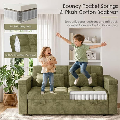65'' Sleeper Sofa Bed, Pull Out Couch with Side Table | USB Charging Port | Adjustable Backrest | Chenille Fabric, Convertible Loveseat for Living Room, Apartment, Small Spaces (Green)