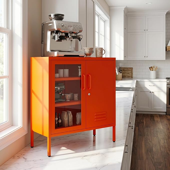 Storage Cabinet with Adjustable Shelves for Bathroom Living Room Foyer Kitchen Left Glass Door and Right Iron Door Orange Size：33" H x 29.5" W x 13.8" D
