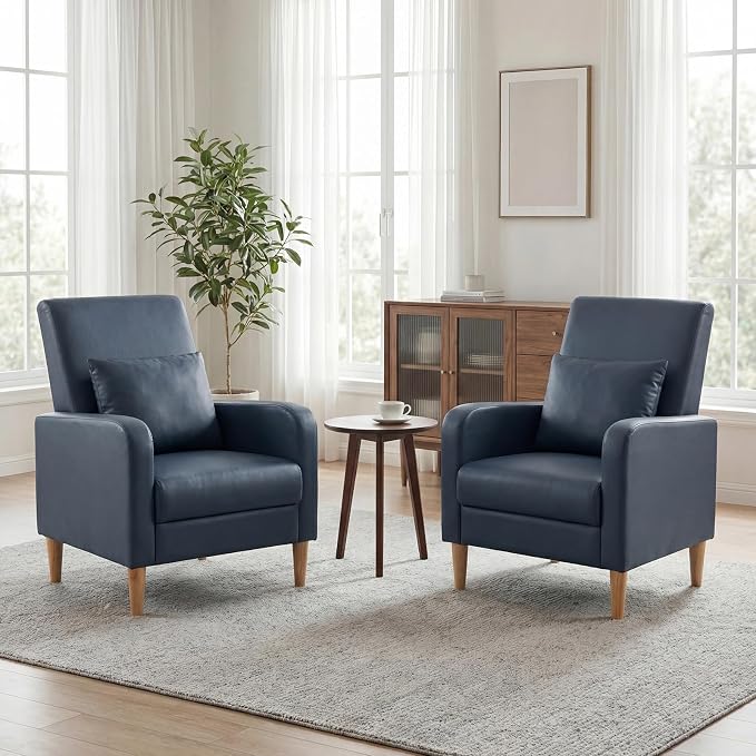 COLAMY Mid-Century Modern Accent Chairs Set of 2, Faux Leather Upholstered Living Room Chairs with Back Pillow & Solid Wood Legs, Comfy Armchair for Living Room, Bedroom, Single Sofa, Dark Blue