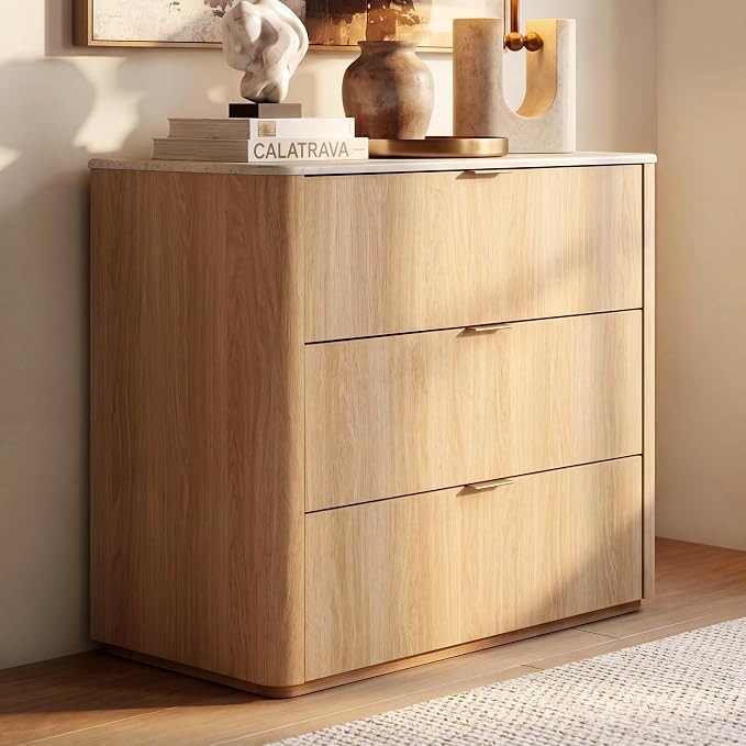 ModernMate 3 Drawer Dresser with Curved Profile & Faux Travertine Texture, 31.5" Large Nightstand Anti-Tip Chest of Drawers for Bedroom, Living Room, Natural Oak