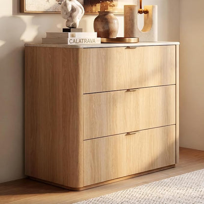 ModernMate 3 Drawer Dresser with Curved Profile & Faux Travertine Texture, 31.5" Large Nightstand Anti-Tip Chest of Drawers for Bedroom, Living Room, Natural Oak