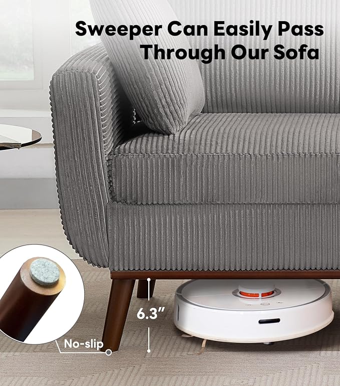 Kingfun 65" Corduroy Love Seat with Spring Cusions, Mid Century Modern Loveseat Sofa for Livingroom & Bedroom, Comfy Upholstered Small Couch, Gray