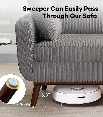Kingfun 65" Corduroy Love Seat with Spring Cusions, Mid Century Modern Loveseat Sofa for Livingroom & Bedroom, Comfy Upholstered Small Couch, Gray