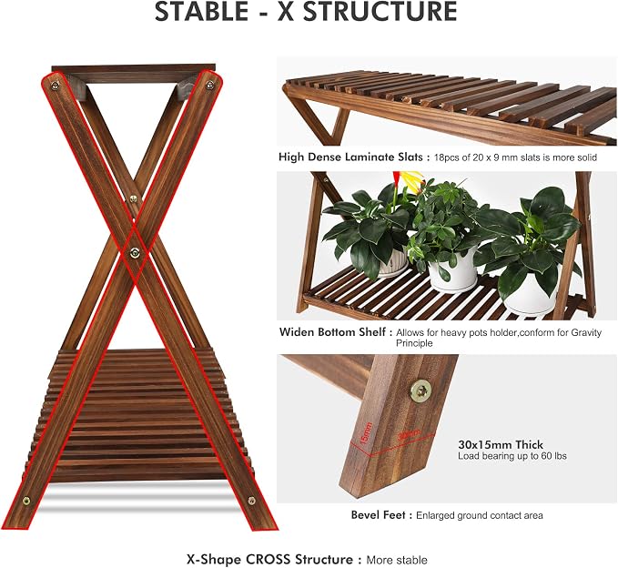 Wood Plant Stand Indoor Outdoor 2 Tier Plant Shelf Plant Table Bench Corner | Stepped Flower Display Stand Planter Shelf Holder Rack in Patio Balcony Entryway Porch Livingroom (Classic X-Cross Design)