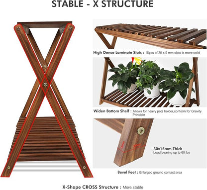 Wood Plant Stand Indoor Outdoor 2 Tier Plant Shelf Plant Table Bench Corner | Stepped Flower Display Stand Planter Shelf Holder Rack in Patio Balcony Entryway Porch Livingroom (Classic X-Cross Design)