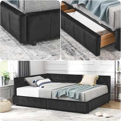 KEIKI Full Size L Shape Corner Bed Frames with 2 Storage Drawer, Backrest and Armrests, Velvet Upholstered Sofa Daybed for Small Room, Living Room, Bedroom, Guest Room, Kids' Room