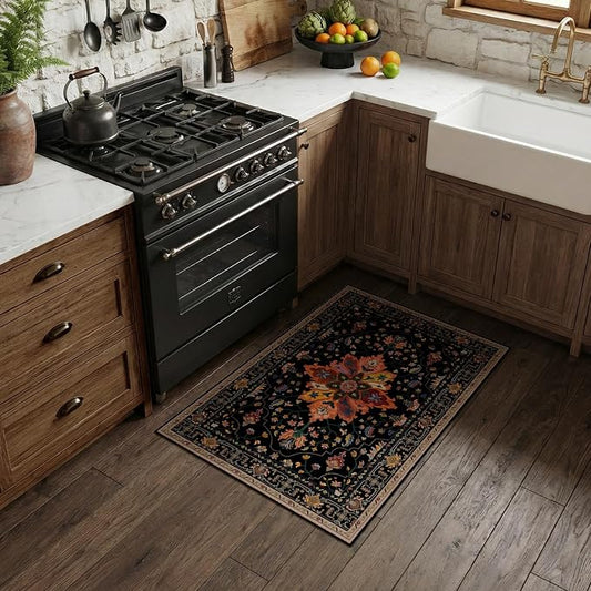 RELEANY Area Rugs Small 2'x3' Washable Non-Slip, Floral Vintage Distress Medallion Carpet for Kitchen Entryway Bathroom, Black Colorful Floral Dark Tan