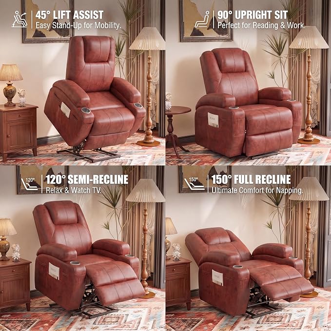 Flamaker Power Lift Recliner Chair Electric Lift Recliner for Elderly Power Lift Recliner Chair with Cup Holders Side Pockets for Living Room (Leathaire, Dark Brown)