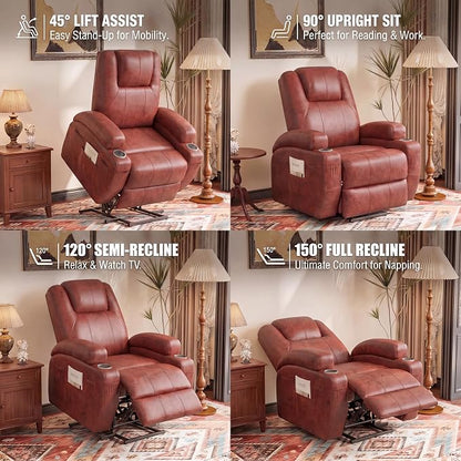 Flamaker Power Lift Recliner Chair Electric Lift Recliner for Elderly Power Lift Recliner Chair with Cup Holders Side Pockets for Living Room (Leathaire, Dark Brown)