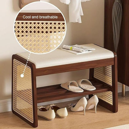 Bamboo Entryway Bench, Shoe Organizer, 2 Tier Solid Wooden Entryway Bench with Shoe Storage, for Hallway, Closet, Front Door Entrance, Foyer, Living Room Bedroom(Size:80cm,Color:Walnut)