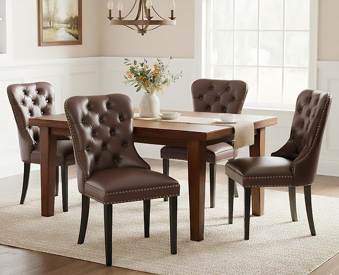 EALSON Modern Dining Chairs Set of 8 Mid Century Leather Dining Room Chairs with Wood Legs Tufted Upholstered Kitchen Side Chairs with Nail Head Trim for Dining Room/Living Room, Coffee with Ring