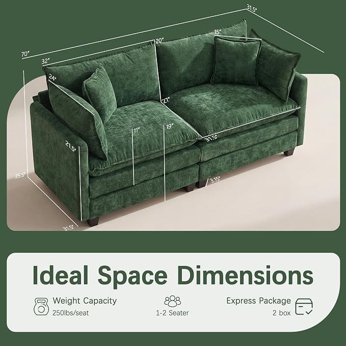 Oversized Loveseat Sofa, 70" Sectional Cloud Couch, 2 Seat Modern Comfy Sofa Chenille Deep Seat Couches with 2 Pillows, for Small Apartment, Bedroom, Living Room（Green 70" Loveseat）