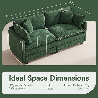 Oversized Loveseat Sofa, 70" Sectional Cloud Couch, 2 Seat Modern Comfy Sofa Chenille Deep Seat Couches with 2 Pillows, for Small Apartment, Bedroom, Living Room（Green 70" Loveseat）