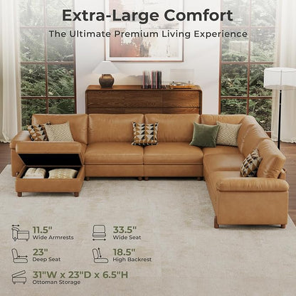 SITJOY Large Cloud Couch, 138" Wide 6 Seater U Shape, Faux Leather in Brown | Pet-Friendly Scratch-Resistant Leather Sectional Sofas for Living Room, Deep Seat Wide Couch with Chaise, Storage Ottoman