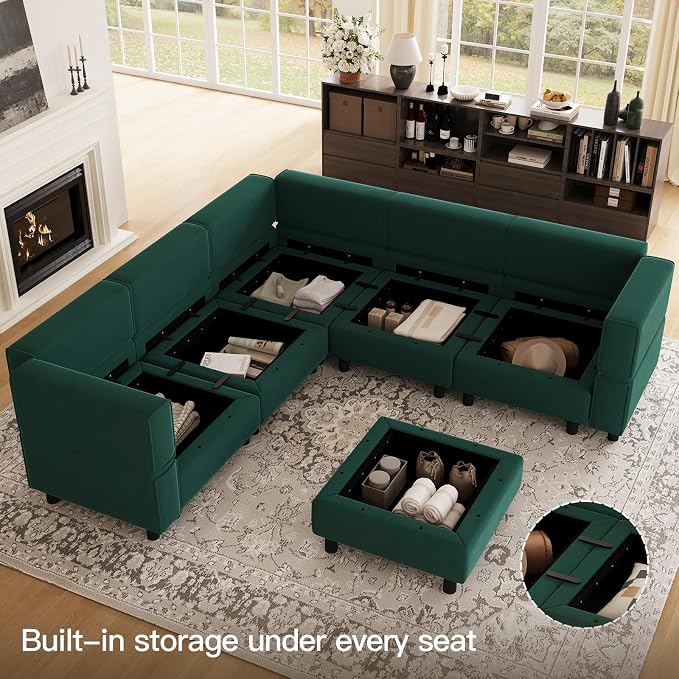 Belffin Modular Sectional Sofa with Storage Seats Velvet L Shaped Corner Couch Convertible Sectional Sofa with Chaise (Green, L Shape-1)…