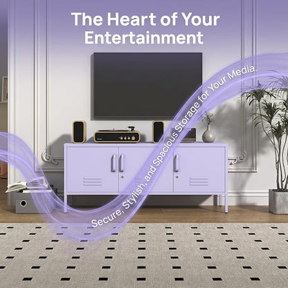 3 Door Lockable Metal TV Stand Storage Cabinet with Accent Cabinet Locker, Wide Heavy Duty Media Console for Large 100+ Inch TVs, Home Office Entertainment Center, Purple 22"H X 47.3"W X 13.8"D