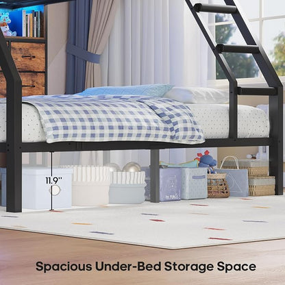 BTHFST Full Over Full Bunk Beds with 4 Storage Drawers & Shelves & Bedside Caddy, Bunk Bed with Charging Station & LED Lights, Full Size Bunk Bed with Safety Guardrail & Angled Ladder, Rustic Brown