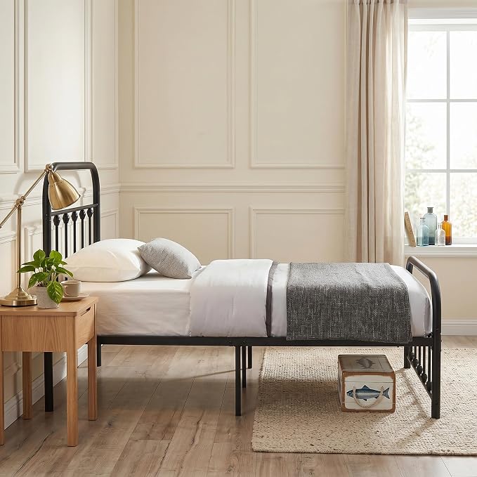 VECELO Black Metal Bed Frame Twin Size with Vintage Headboard and Footboard, No Box Spring Needed, Premium Stable Steel Slat Support Mattress Foundation