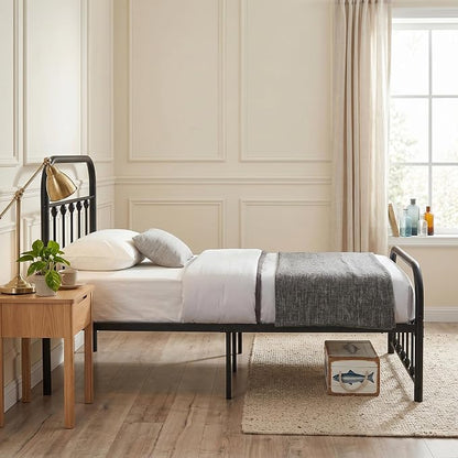 VECELO Black Metal Bed Frame Twin Size with Vintage Headboard and Footboard, No Box Spring Needed, Premium Stable Steel Slat Support Mattress Foundation